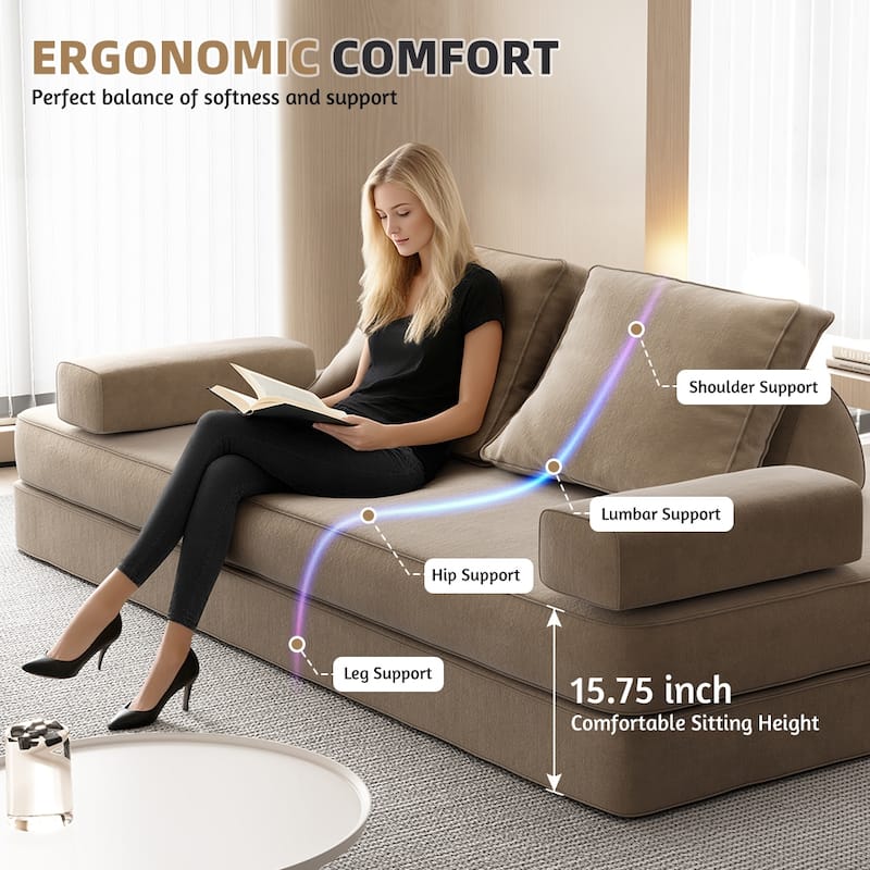 86.6" Convertible Loveseat Sofa Bed with Removable Backrests, Chenille Fabric Sleeper Sofa, Chaise Lounge, Floor Folding Couch
