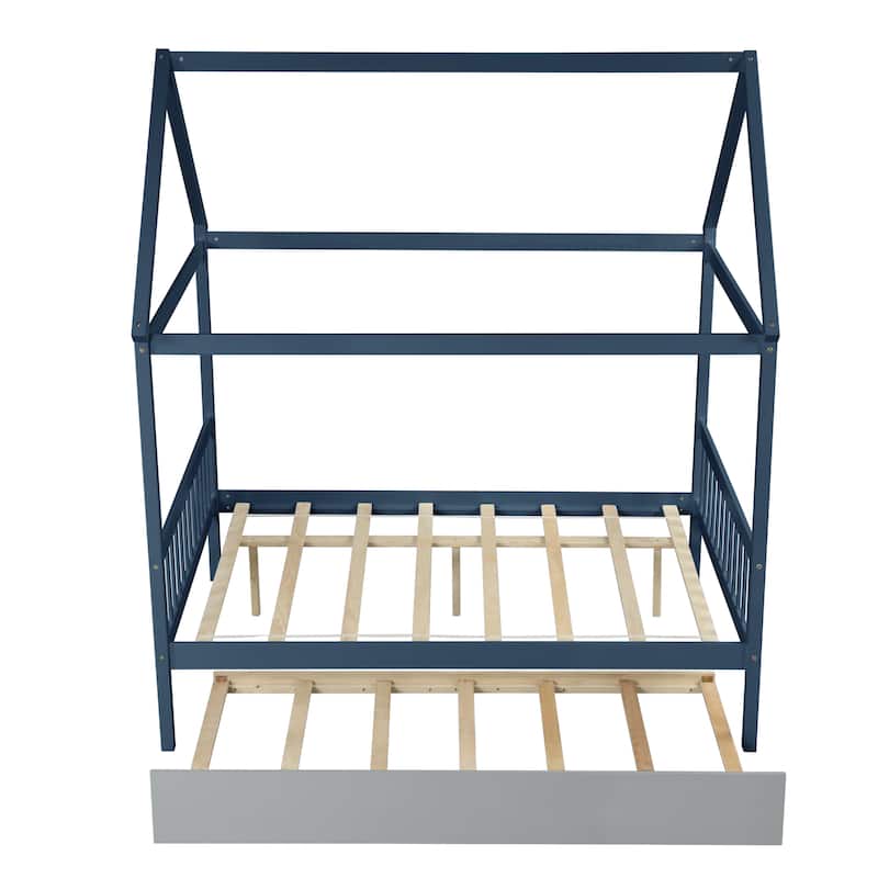 Blue Full Size Wood House Bed with Trundle, Roof, and Fence