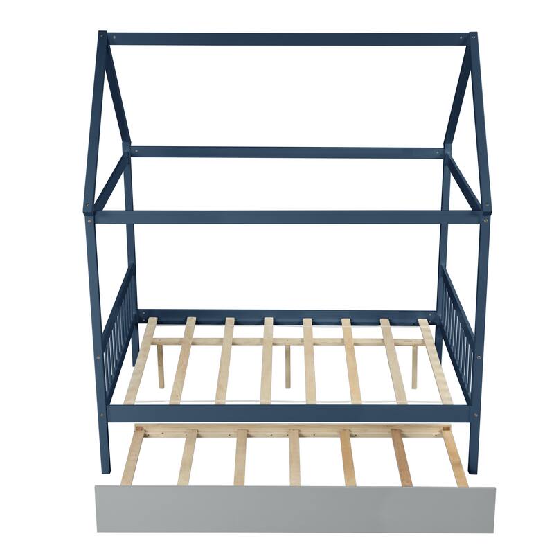 House-Shaped Full Bed with Trundle in Navy Blue and Grey, Solid Pine Wood Frame