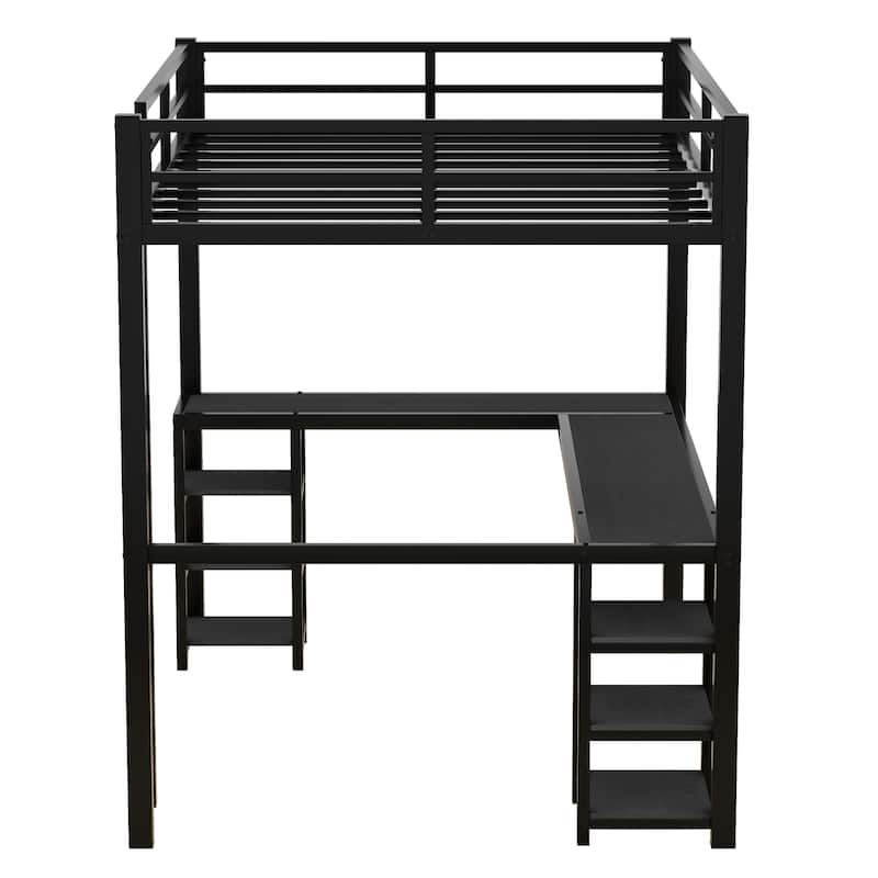 Metal Loft Bed with Desk and Shelves, Ladder, and Guardrails