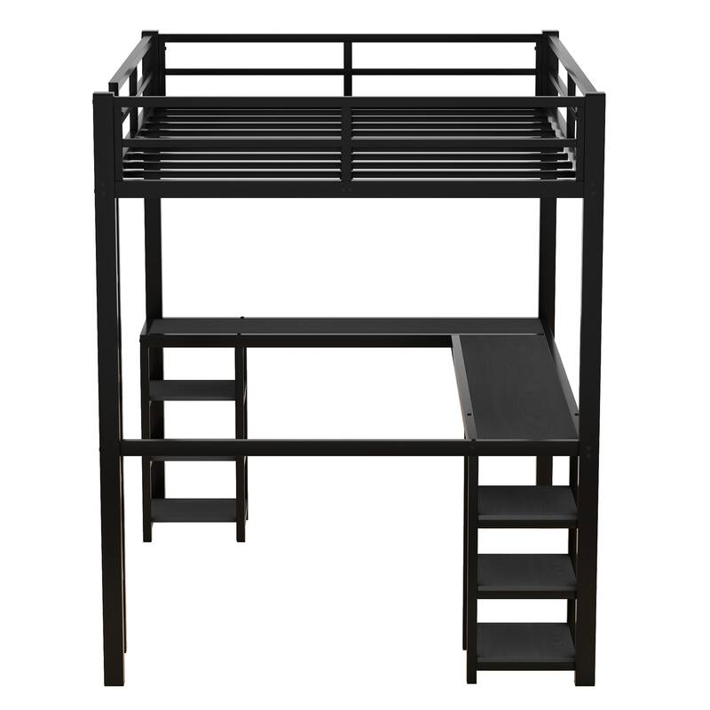 Roomfitters Metal Twin/Full Loft Bed with Desk & Shelves, Space-Saving Study Bed Frame with Ladder & Guardrails, Black