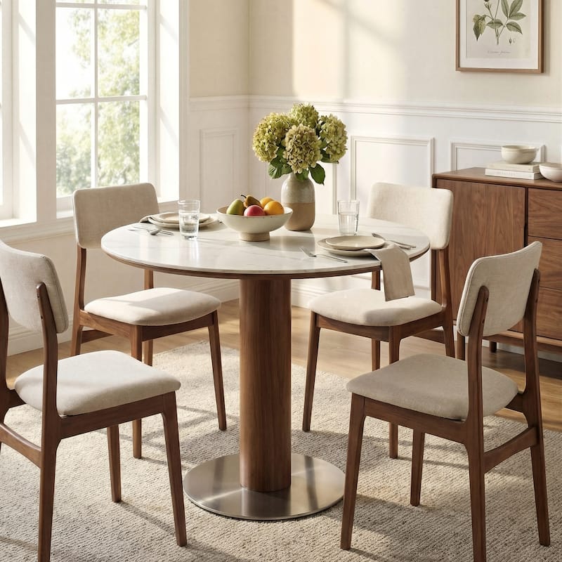 31.5 Inch Round Dining Table for 2-4, Solid Wood Circle Kitchen Table with Stainless Steel Pedestal, Sintered Stone Top