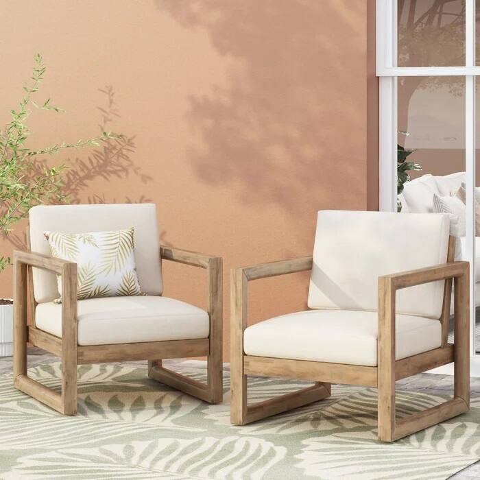 Roomfitters Set of 2 Outdoor Acacia Wood Club Chairs with Waterproof Cushions, Deep Seating for Patio or Porch, Brown+Beige