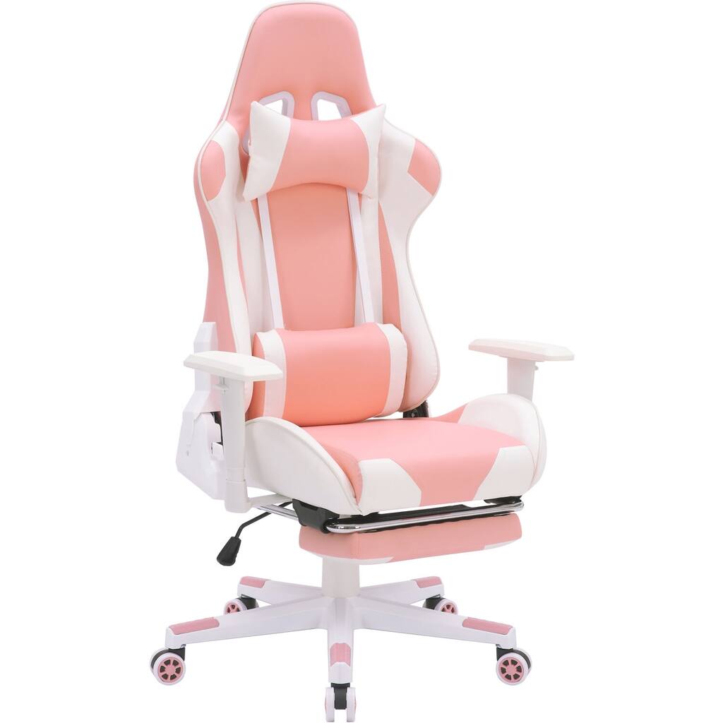 Hanover Commando Ergonomic Gaming Chair in Pink and White with Adjustable Gas Lift Seating, Lumbar and Neck Support