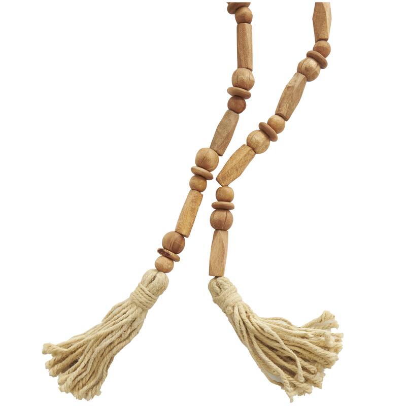 Mango Wood Handmade Rectangle Carved Geometric Long Beaded Garland with Tassel - Brown - Roche River Decor