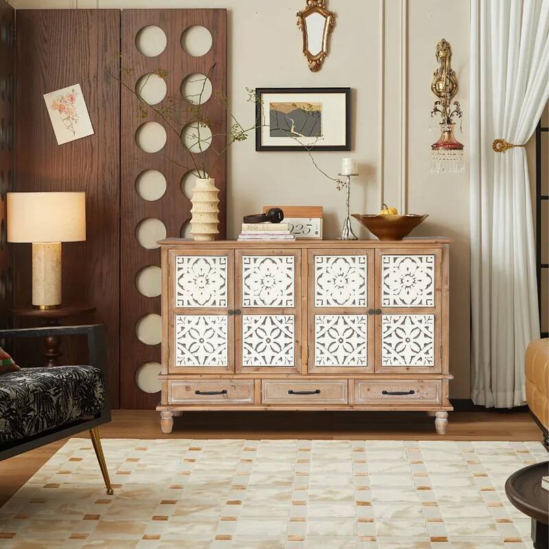 59in Natural Wood Accent Cabinet 4 Doors 3 Drawers Adjustable Shelves for Living Room Kitchen Durable MDF