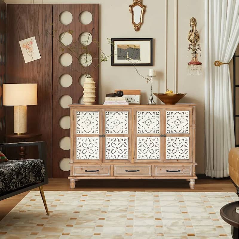 GDF Studio - Belmont 59" Natural Wood Accent Sideboard with 4 Doors and 3 Drawers