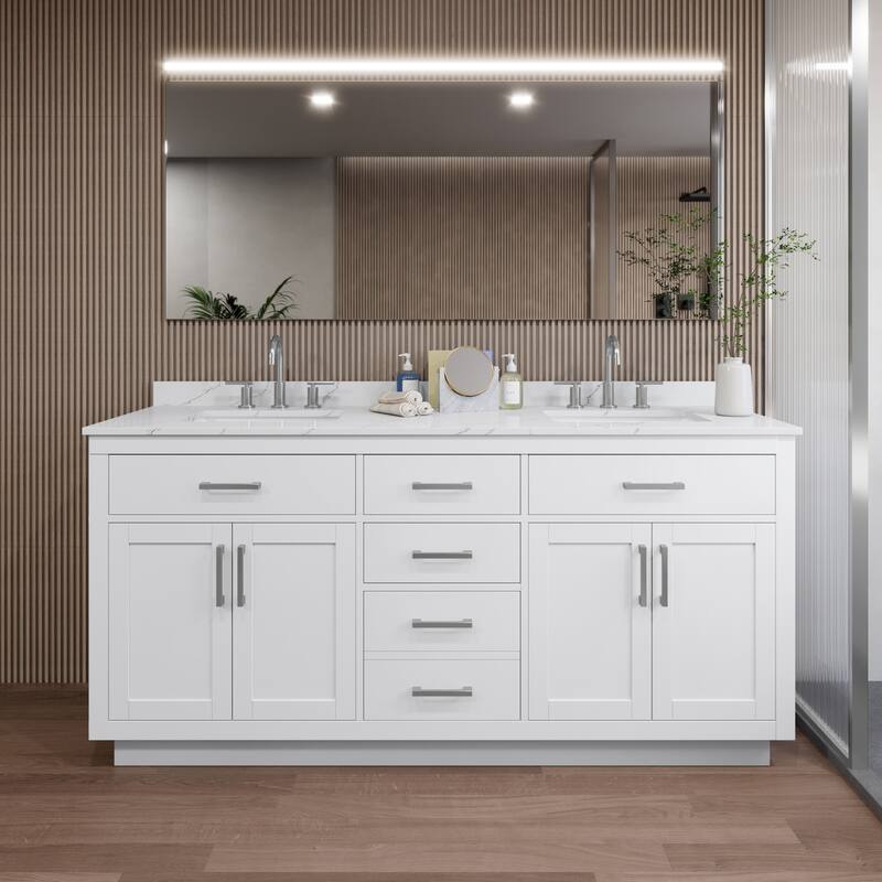 Wyndham Collection WCG262672D-QTZ-US3MXX Beckett TK 72" Free Standing - White / Giotto Quartz Top / Brushed Nickel