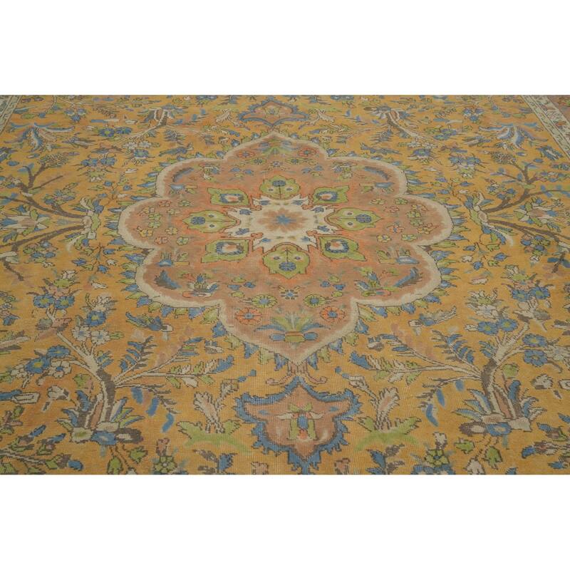 Hand Knotted Oriental 100% Wool Carpet Traditional Floral Yellow & Gold Mashad Area Rug - 12' 11'' X 9' 7''
