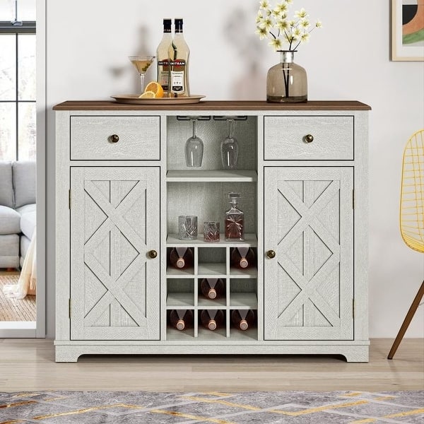 slide 2 of 14, 47 in. Modern X-Door Wine Cabinet w/ Built-in Wine Rack - 47" in Width Off White