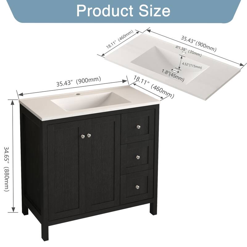 GDF Studio - Munich Modern 35.5" Plywood Bathroom Vanity with 3 Soft-Close Storage Drawers and Basin