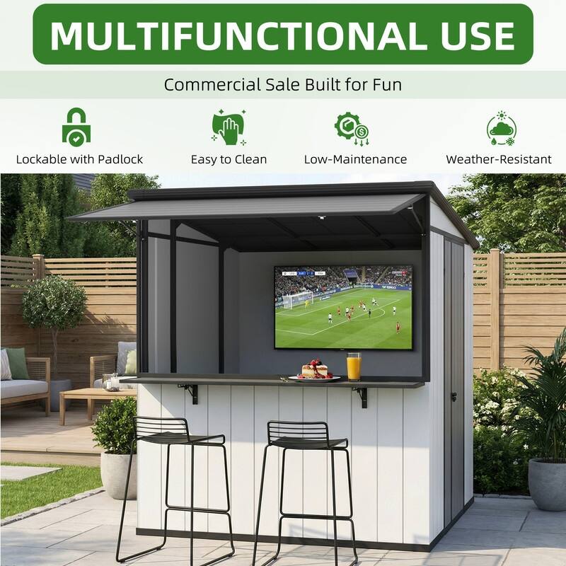 7x6 FT Outdoor Metal Storage Shed, Foldable Bar Counter & Hydraulic Overhang, Lockable Backyard Cabana - 7x6 FT