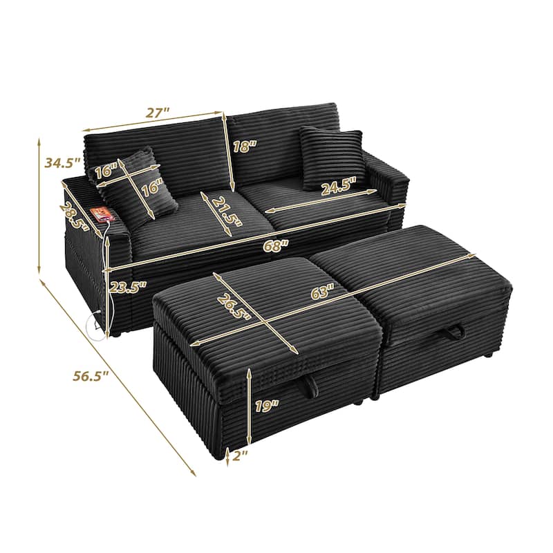 Modular Chaise Sleeper Sofa Bed, Corduroy Loveseat Couch & Storage Ottomans Set with Folding Table Boards and USB Ports