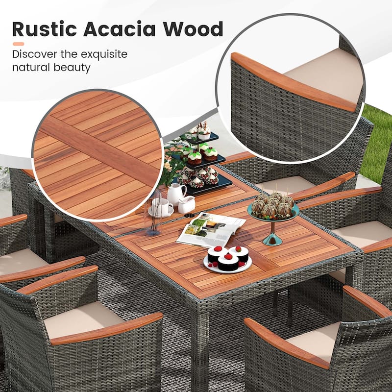 Costway 7 Pieces Outdoor Wicker Dining Set with Acacia Wood Table and - See Details