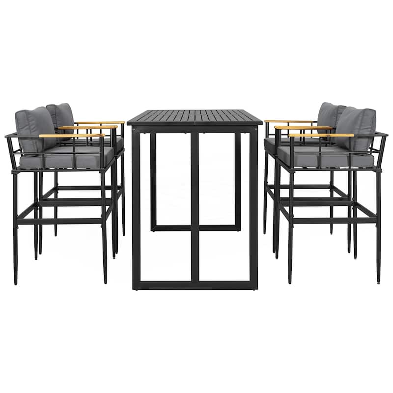 Iron Outdoor Dining Set with Acacia Wood Armrest