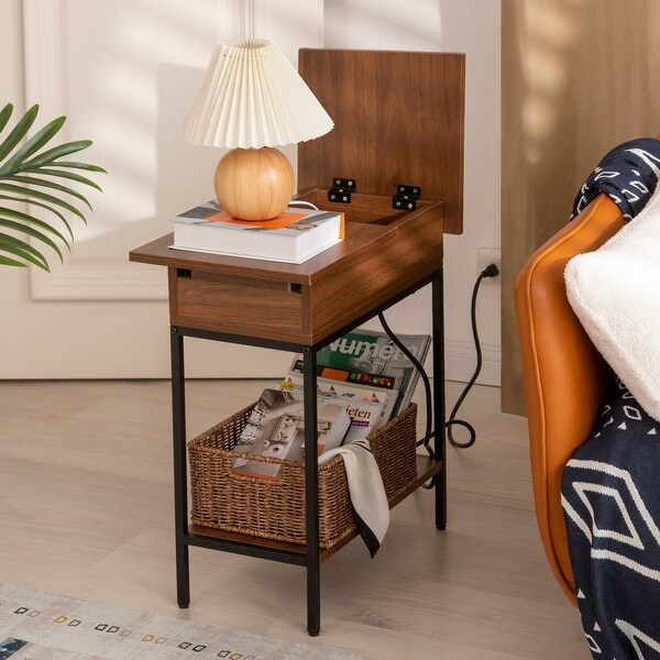 Flip Top Narrow End Table with Storage and Built-In Outlets, Small