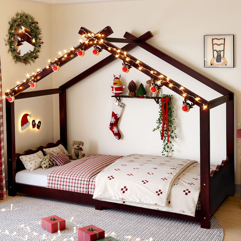 Queen/Full/Twin Solid Wood House Floor Bed, No Box Spring Needed