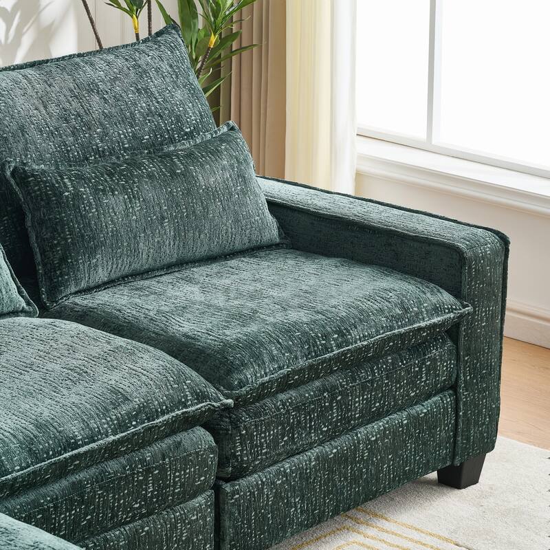 L Shaped Sectional Sofa with Movable Ottoman, Chenille Upholstered 4 Seater Sofa, Cloud Deep Seat Couch with Lumbar Pillow