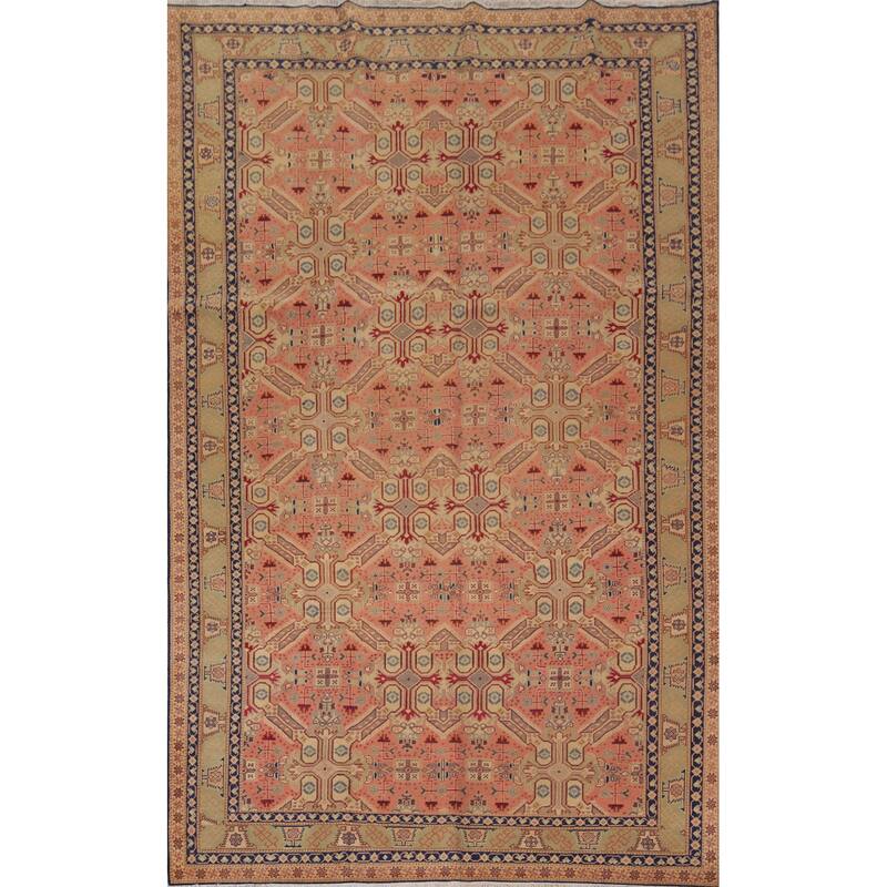 Pink Geometric Anatolian Turkish Vintage Area Rug Handmade Wool Carpet - 6'5" X 9'9"
