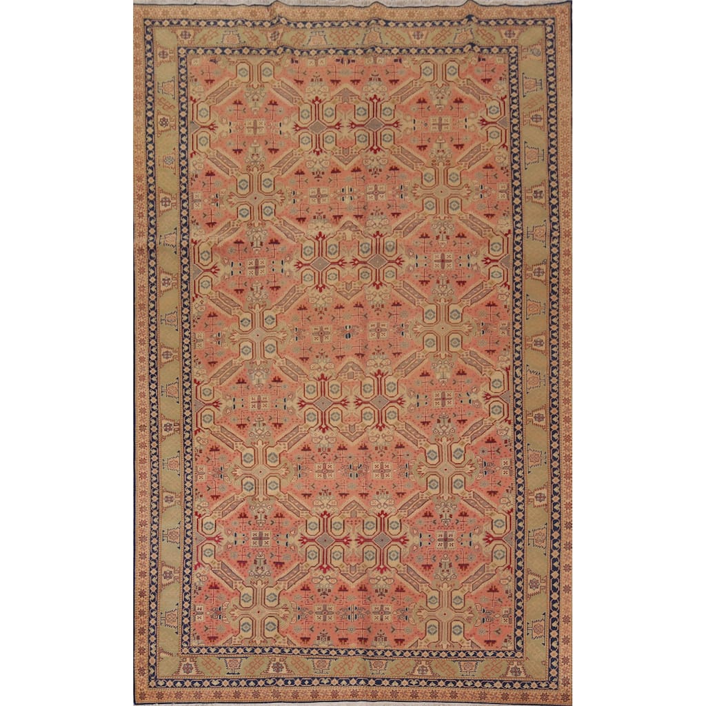 Pink Geometric Anatolian Turkish Vintage Area Rug Handmade Wool Carpet - 6'5" X 9'9"