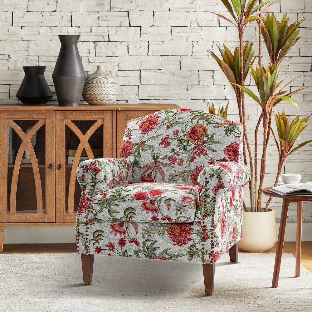 Giampiero 31" Farmhouse Wooden Upholstery Floral Armchair with Nailhead Trims by HULALA HOME