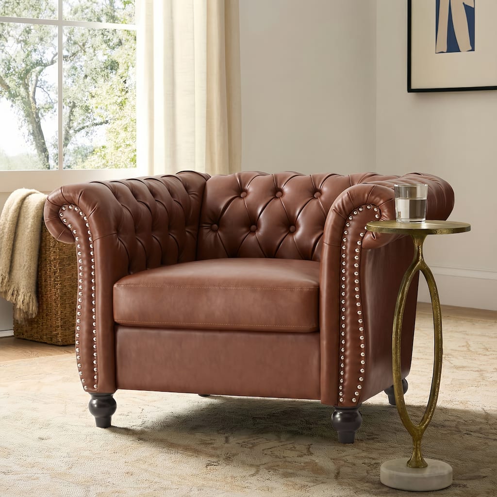 Chesterfield Accent Chairs, Faux Leather Club Chair, Button Tufted Single Sofa Chair with Nailhead Trim, Rolled Arms