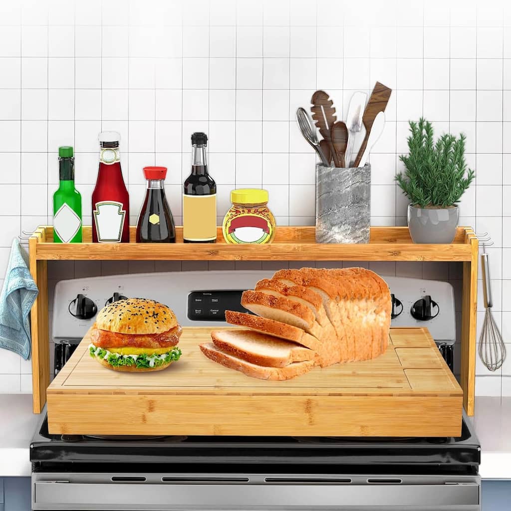 30" x 21" Extra Large Bamboo Cutting Board & Stovetop Cover, 2-in-1 Chopping Board with Detachable Feets