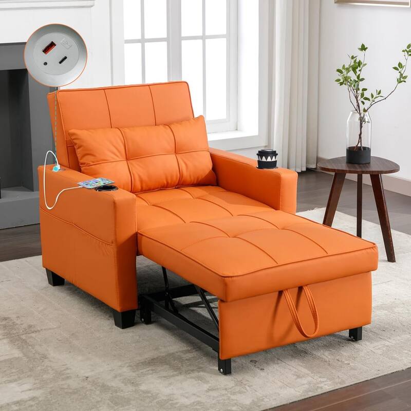 3-in-1 Pull out Convertible Futon Sleeper Armchair Beds with USB Ports