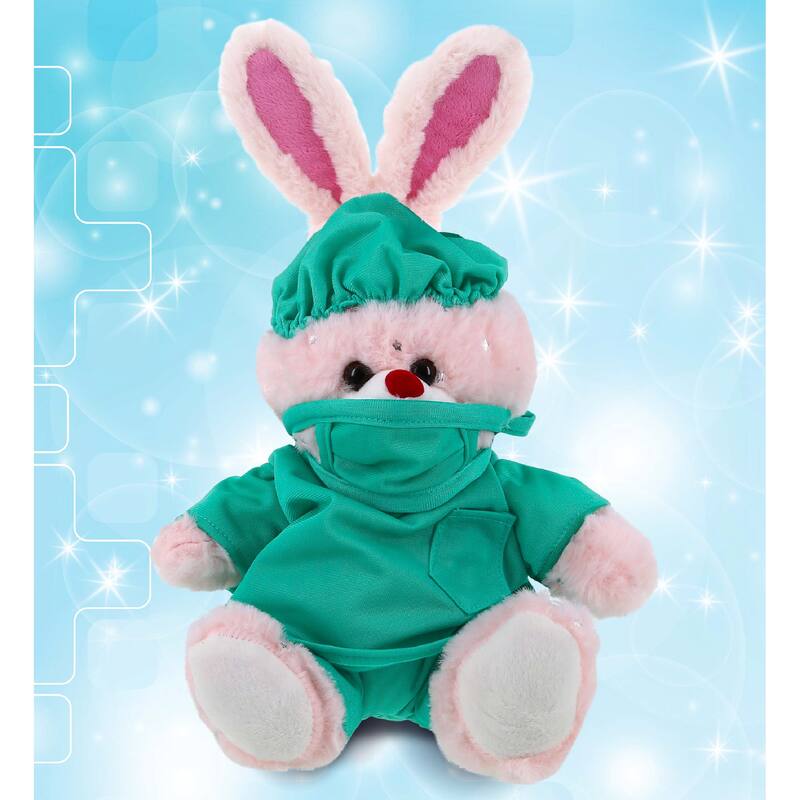 DolliBu Rose Gold Bunny Doctor Plush Toy with Scrub Uniform and Cap - 8 inches