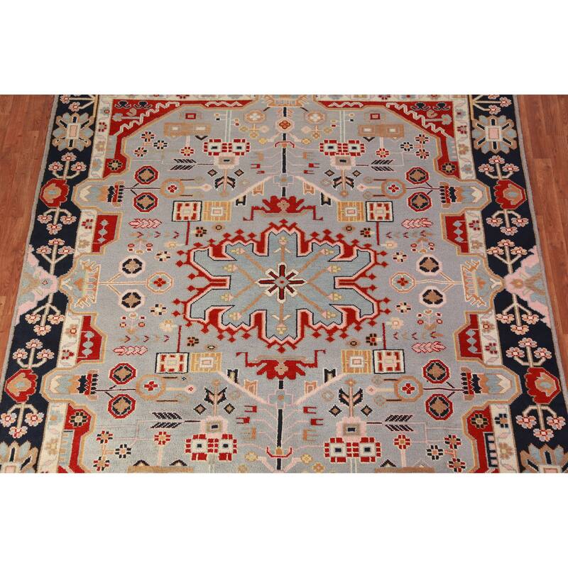 Hand Knotted Oriental 100% Wool Carpet Traditional Medallion Navy Blue & Blues Kazak Area Rug - 9' 9'' X 8' 1''