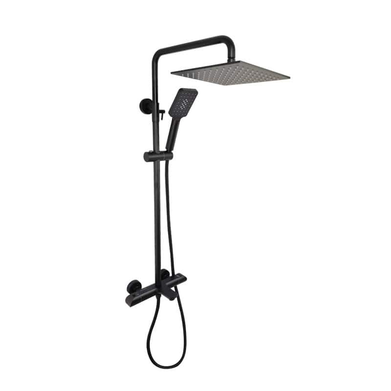 Zen, Thermostatic Exposed Shower Pipe System, Square 10"x10" Rain Shower Head, 3 Functions Hand Shower and Tub Spout, 2.5 Gpm.