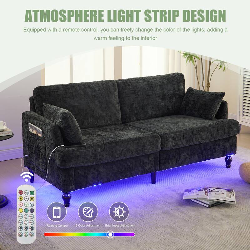 Modern Style Chenille 2-Seater Wood-Legged Sofa With Led Light,USB Charging Port And Storage Bag Living Room Bedroom Study Room