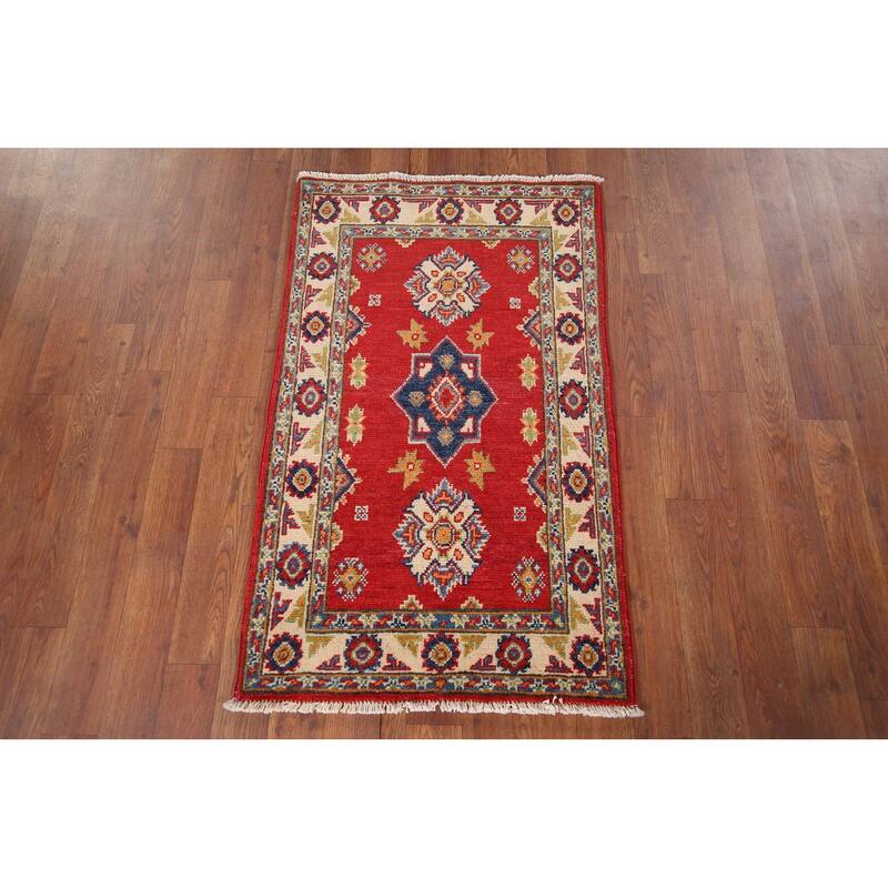 Red Geometric Kazak Oriental Accent Rug Hand-Knotted Wool Carpet - 1'11" x 3'3"
