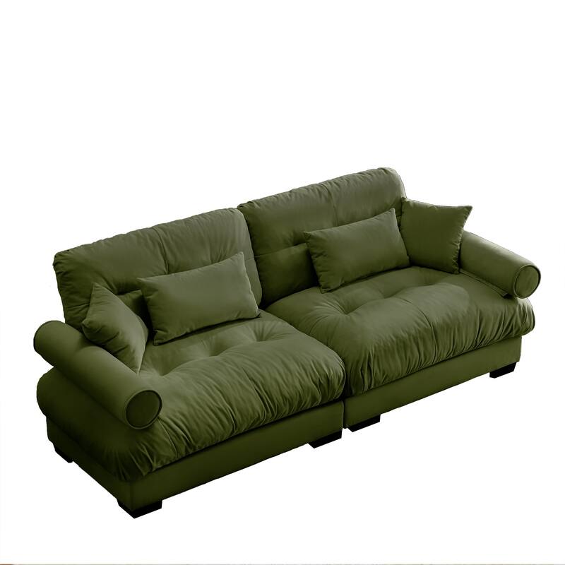Modern Two-Seater Sofa With Bolstered Armrests,Velvet 2-Seater Sofa With Waist Pillows And Throw Pillows - Olive Green