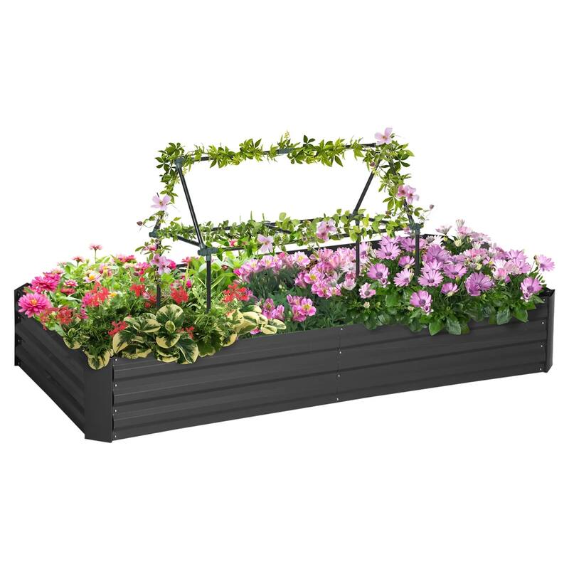 Black Steel Raised Garden Planter with Tomato Cages and Drainage - 70.75" L x 35.5" W x 11.5" H - Black