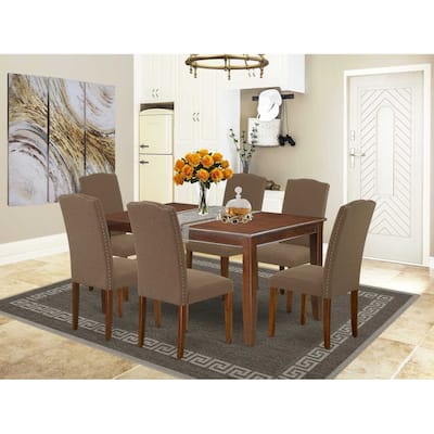 HomeStock 7-Piece Rectangle Mahogany Finish Solid Wood Top Dining Table with 6 Parson Chairs with Lattice Back