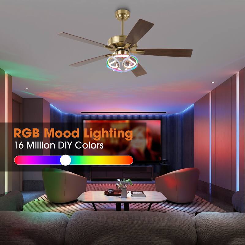 52" Modern Gold Smart Dimmable RGB Ceiling Fan with Light and Remote and App Control