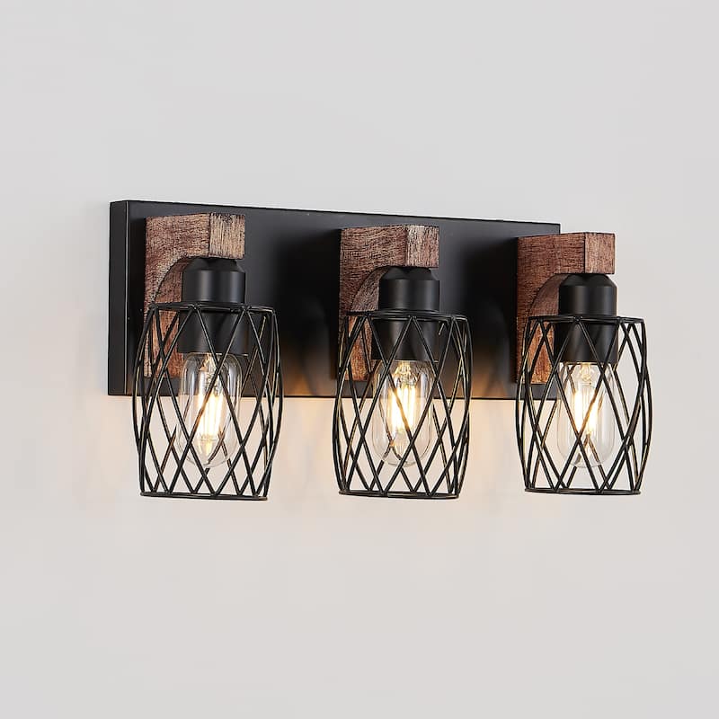 18" Industrial Vintage 3-Light Wall Sconce, Cage Wall Lighting Fixture - Walnut+black
