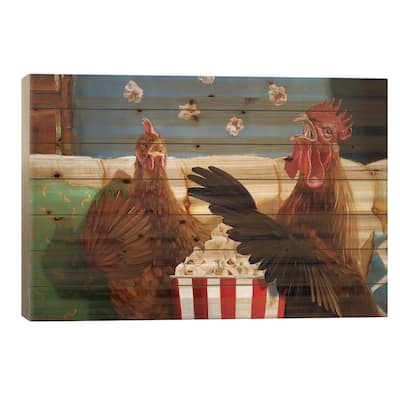 Popcorn Chickens Print On Wood by Lucia Heffernan - Multi-Color