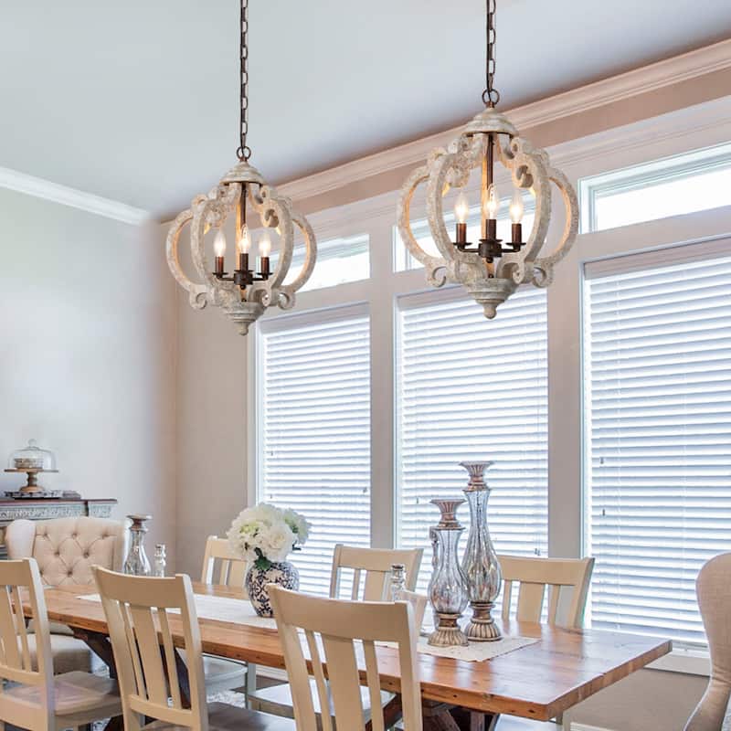 French Country Wood 3-Light Crown Distressed Off-white Chandelier for Dining Room - White Wood - D15.5"x H 19"