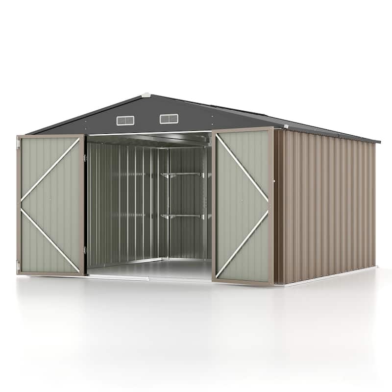 Patiowell 10' x 8'/10' x 10'Metal Outdoor Storage Shed with Goods Shelves/Floor Frame Garden Tool Shed for Backyard Garden - 10' x 8' with Shelf & Floor Frame - Brown