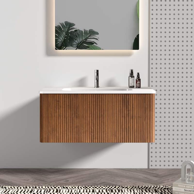 36" Striped Wall-Mounted Bathroom Vanity with Ceramic Sink, Modern Floating Vanity for Bathroom - Walnut