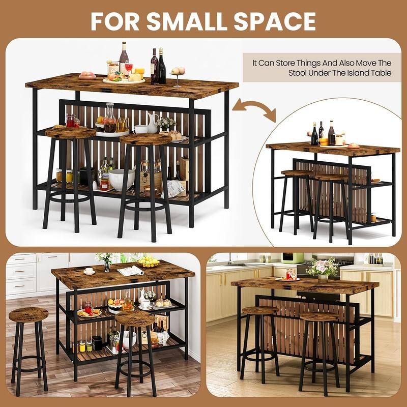 Grondin Mid-Century Modern 3-Piece Faux Marble Top Kitchen Island Set with 2 Stools and Shelves