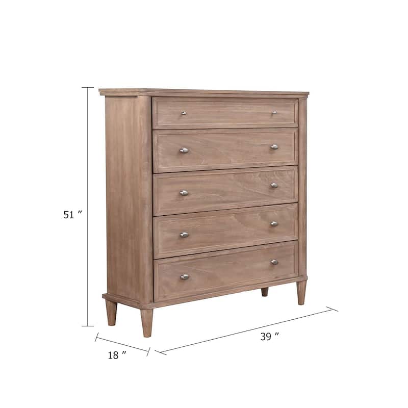 Flora Tall Dresser Chest with 5 Drawers, Tapered Legs, Oak Mindi Wood