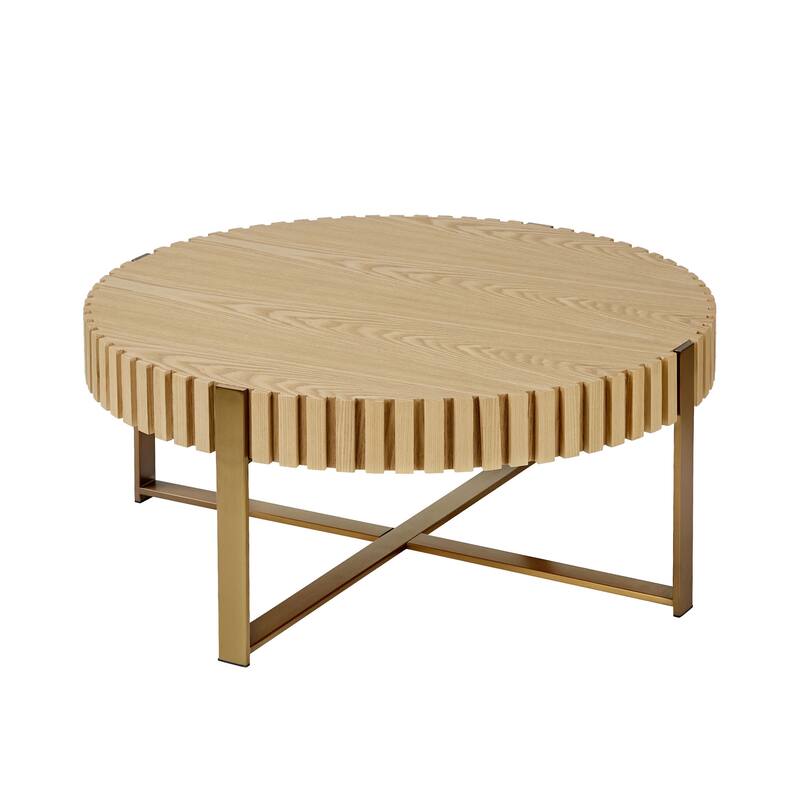 Modern Handcraft Drum Coffee Table 31.5 inch Round Coffee Table for Living Room, Small Coffee Table with Sturdy Pedestal