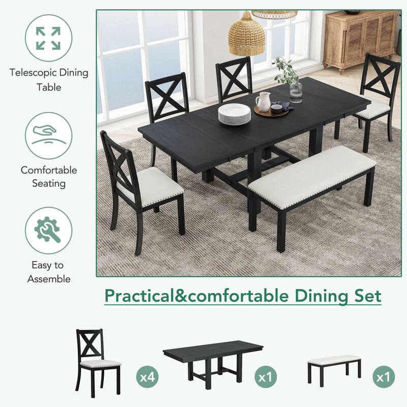 82" 6-Piece Extendable Dining Table Set with Removable Leaves, 4 Upholstered Chairs and Bench for Dining Room or Kitchen