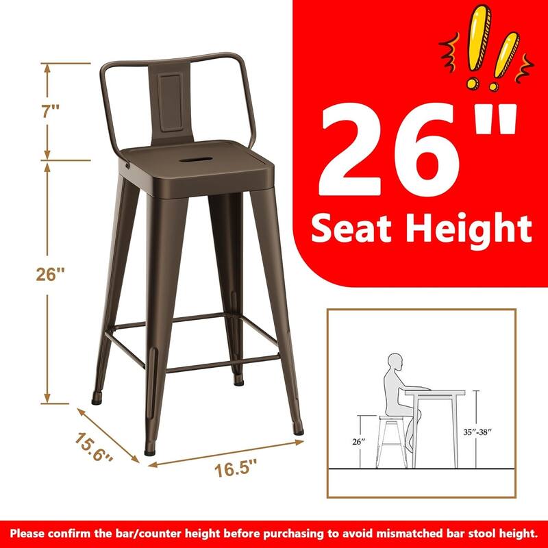 Metal Counter & Bar Stools Set of 4, 26" and 30" Seat Height Barstools with Metal Frame and Low Back for Kitchen lsland