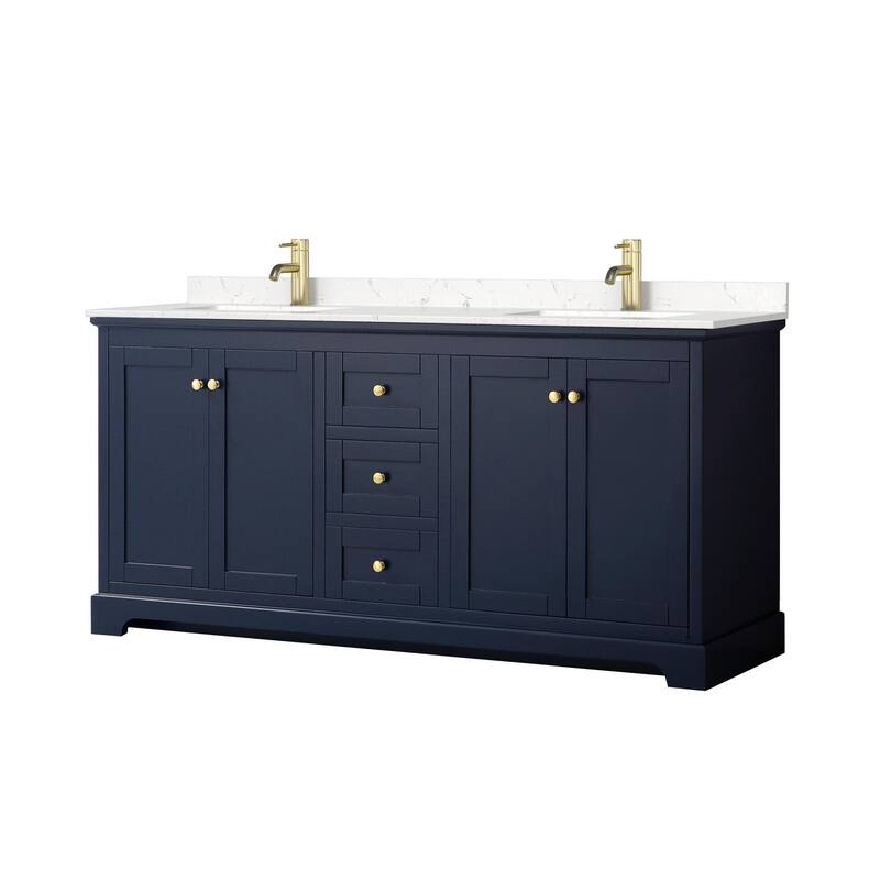 Wyndham Collection Avery 72" Free Standing Double Basin Vanity Set - Dark Blue / Carrara Cultured Marble Top / Brushed