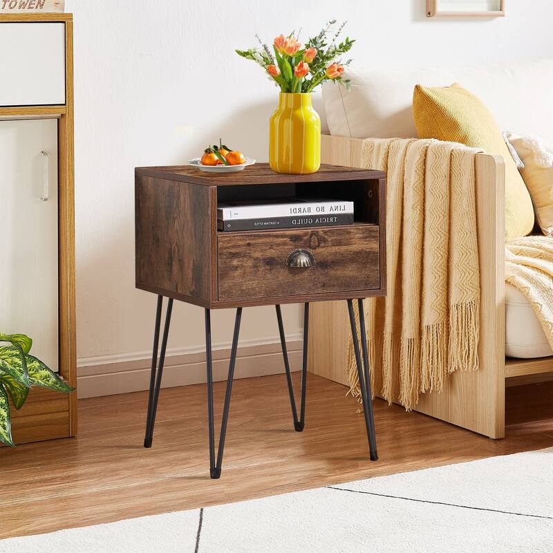 Javlergo Modern Nightstand with1-Drawer and Open Storage Shelf V-Shaped Metal Legs for Bedroom Living Room - Brown