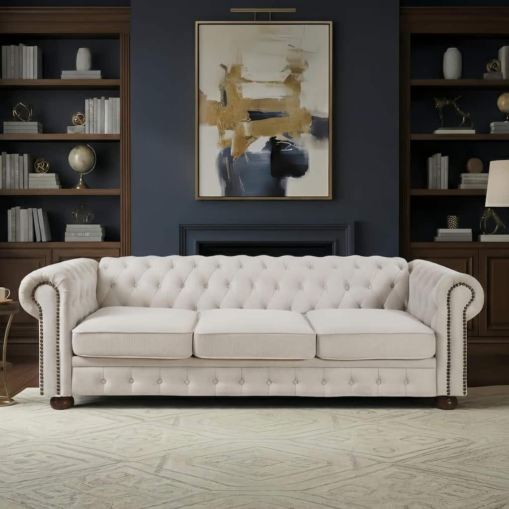 89" Chesterfield Sofa Couch with Tufted Button & Solid Wood Legs,Mid Century Modern 3 Seater Couch with Deep Seat